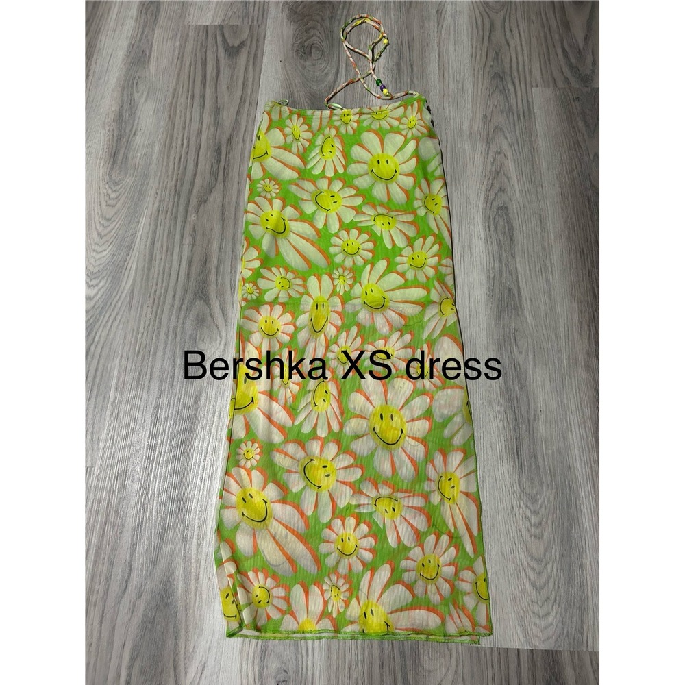 Bershka Smiley Daisy Mesh Halter Dress Green XS Mini Y2K Festival
